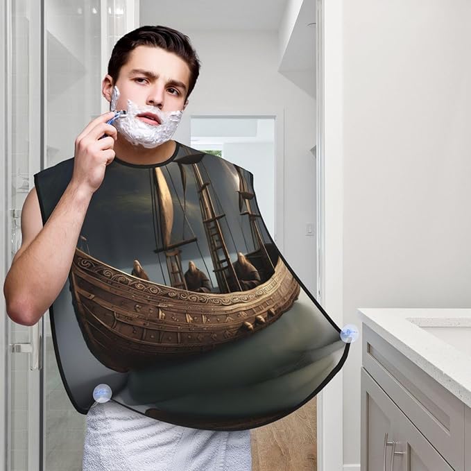 Nordic Pirate Ship Print Beard Bib Apron For Men, Beard Hair Catcher For Men Shaving Trimming,Beard Cape Cloth