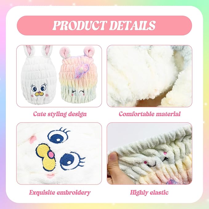 Ksheria 2 PCS Microfiber Hair Towel Wrap for Kids, Girls & Women,Cute Unicorn and White Rabbit Dry Hair Cap - Super Absorbent Quick Drying, Lightweight Turban Towel for Wet Hair