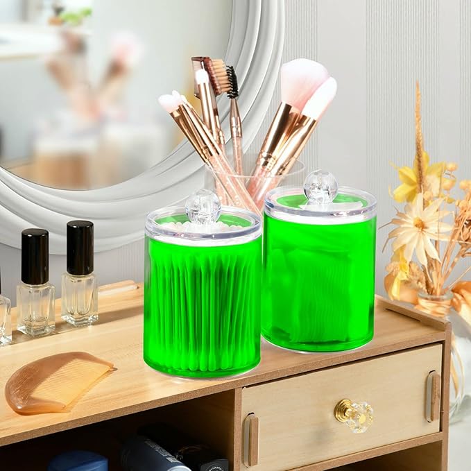 Green Qtip Holder Organizer Dispenser Cotton Swabs Cans Plastic Jars with Lid Set 4 Pack Bathroom Storage Canister for Cotton Ball Floss Cotton Pads
