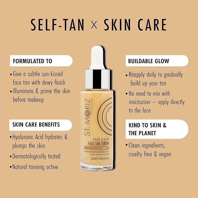 St Moriz Professional Face Tanner Serum - Prime & Glow Hydrating 2 in 1 Self Tan Face Serum & Makeup Primer With Hyaluronic Acid - Dewy & Natural Bronzed Face Glow (0.84 fl oz)