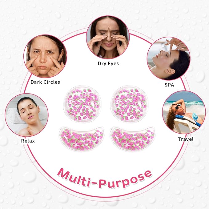 4PCS Gel Eye Ice Pack Set, Cold & Hot Compress, Reusable Cooling Gel Pads for Strain Relief, Relaxation, SPA and Sleep (4 Strawberries)