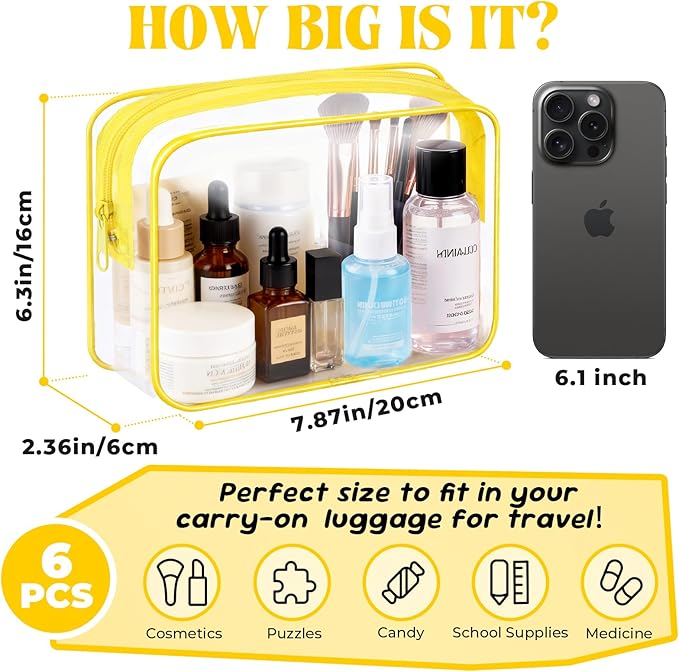 CHICAUP 6 Pieces Clear Makeup Bags Bulk TSA Approved Toiletry Bag for Travel PVC Waterproof Clear Cosmetic Pouch with Zipper for Men and Women Carry-on Travel Essentials (Yellow)