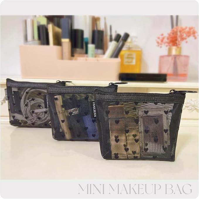 TRAKWAN Mini Mesh Heart Makeup Bag Set, Mesh Cosmetic Bags with Zipper, Makeup Lipstick Cosmetic Accessories Organizer Bag, Mesh Pouch for Travel (Black-6pcs)