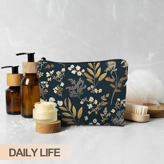 RYYCDOI Vintage Boho Floral Makeup Bag, Dark Moody Wildflowers Floral Cosmetic Bags for Women, Dark Cottagecore Botanical Plant Zipper Makeup Pouch