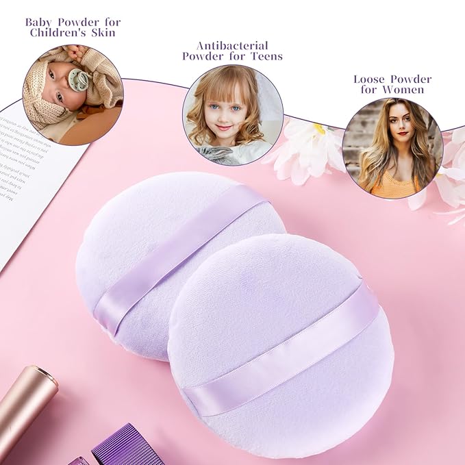 3 Pcs Large Body Powder, 5 Inch Soft Velour Dusting Powder, Washable Reusable for Face Cleaning, Makeup & Loose, Bath Powders, Foundation Blending