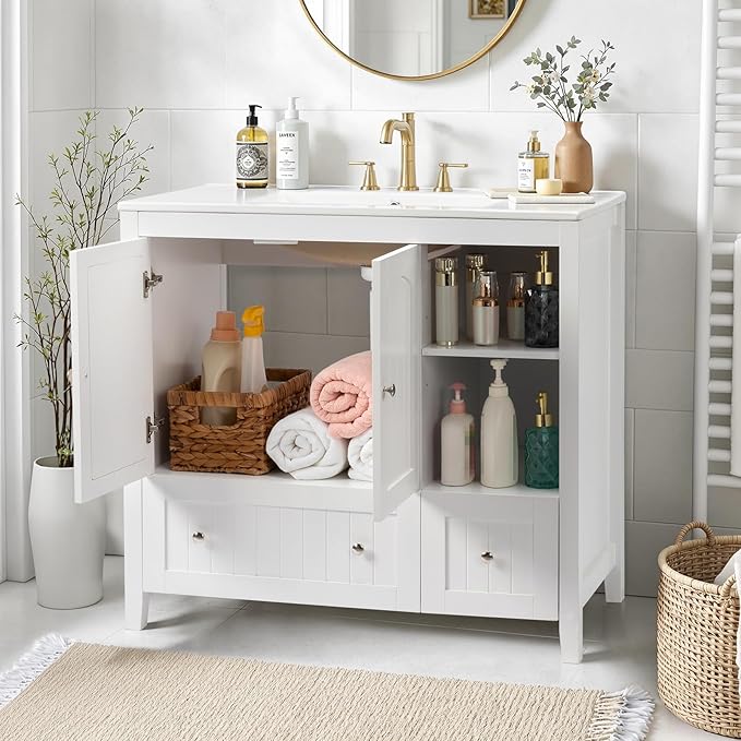 VINGLI 36" Modern Bathroom Vanity with Ceramic Sink, White Bathroom Vanity Cabinet w/2 Stripe Doors & 2 Drawers, Bathroom Sink Cabinet Combo, Floor Storage Cupboard w/Open Shelf for Bathroom