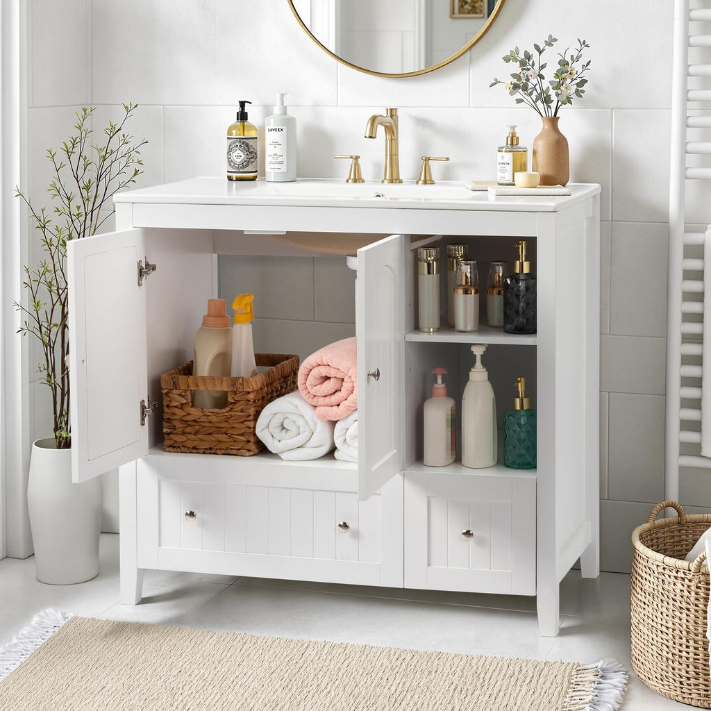 VINGLI 36" Modern Bathroom Vanity with Ceramic Sink, White Bathroom Vanity Cabinet w/2 Stripe Doors & 2 Drawers, Bathroom Sink Cabinet Combo, Floor Storage Cupboard w/Open Shelf for Bathroom