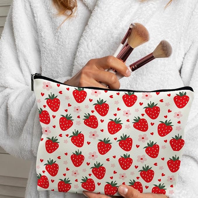 Supwhd Red Strawberry Makeup Bag, Cute Strawberry Stuff, Small Makeup Bag for Purse (PU)