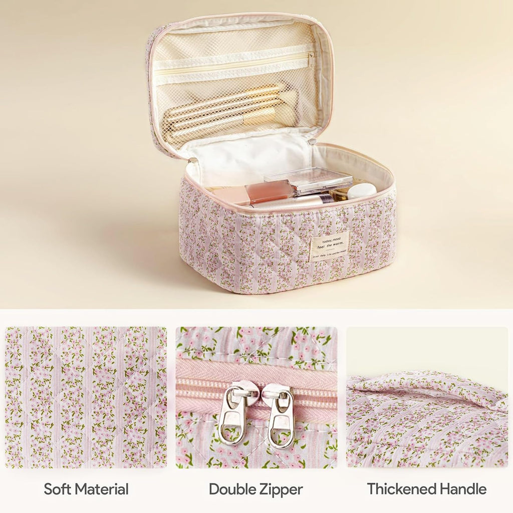 HBselect Quilted Makeup Bag, 3Pcs Cotton Large Travel Makeup Bags Organizer