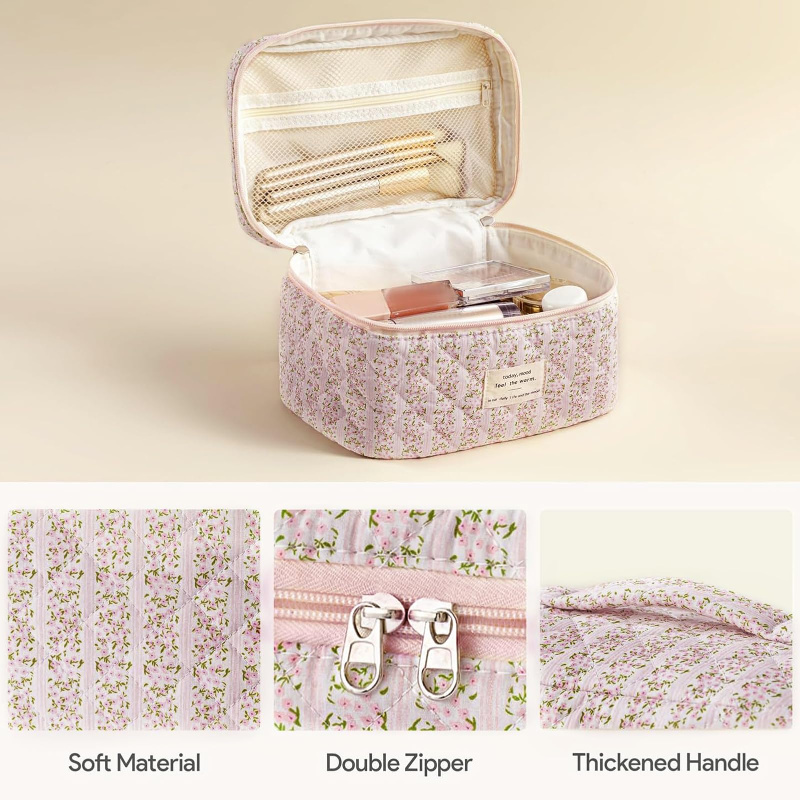 HBselect Quilted Makeup Bag, 3Pcs Cotton Large Travel Makeup Bags Organizer