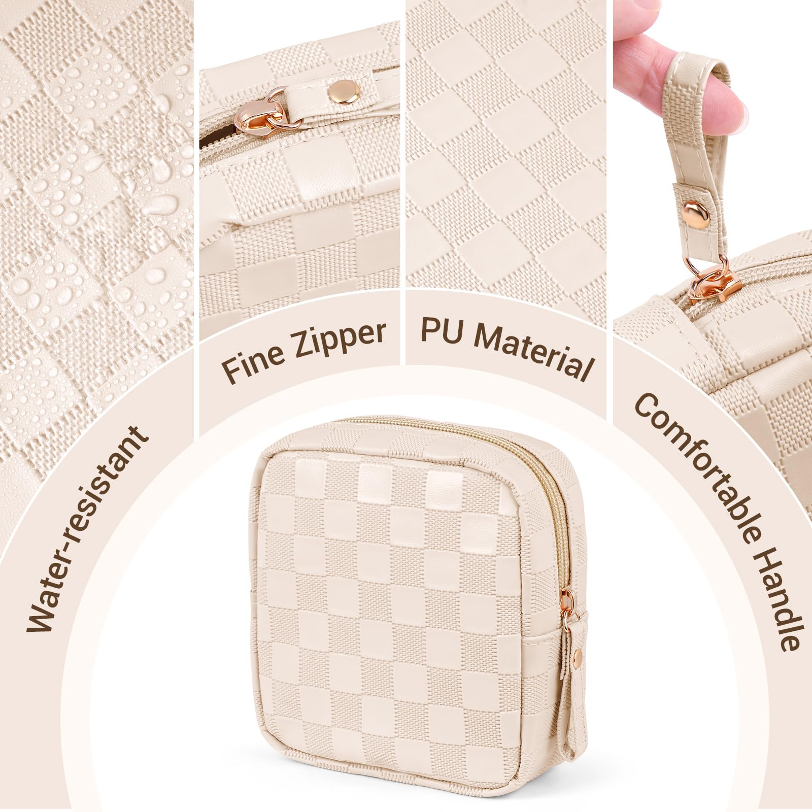 MAGEFY Small Makeup Bag for Purse, Checkered Makeup Bag Small Pouches for purse Leather Mini Make Up Bag Cute Cosmetic Bag for Women with Slip-in Pockets.Beige