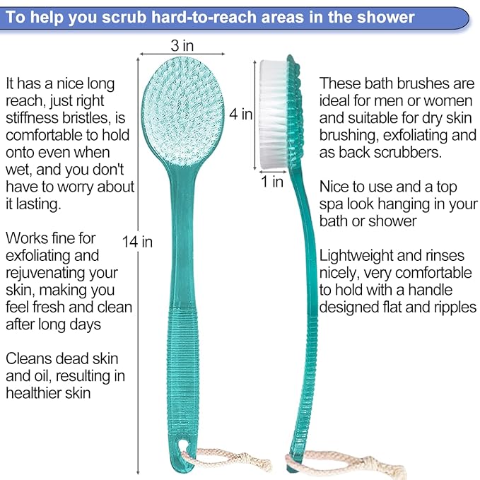 AMERWASH PLUS Back Brush for Shower, 14-inch Long Handle Medium Stiff Bristles Bath Scrubber for Men Women Body Exfoliating and Brushing - 2 Packs Blue