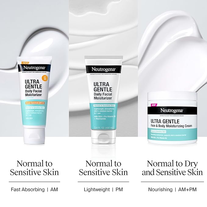 Neutrogena Ultra Gentle Daily Facial Moisturizer with SPF 30 Sunscreen with CICA,Lightweight Face Lotion-with Broad Spectrum SPF 30 for Normal to Sensitive Skin,Fragrance-Free,3.4 fl. oz,(Pack of 2)
