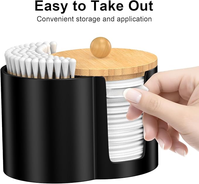 PENGARO Cotton Pad Swab Holder, Q tip Holder Round Makeup Pads Dispenser Small Plastic Swabs Dispenser with Lid, Bathroom Accessories Storage Organizer for Floss Picks, Black