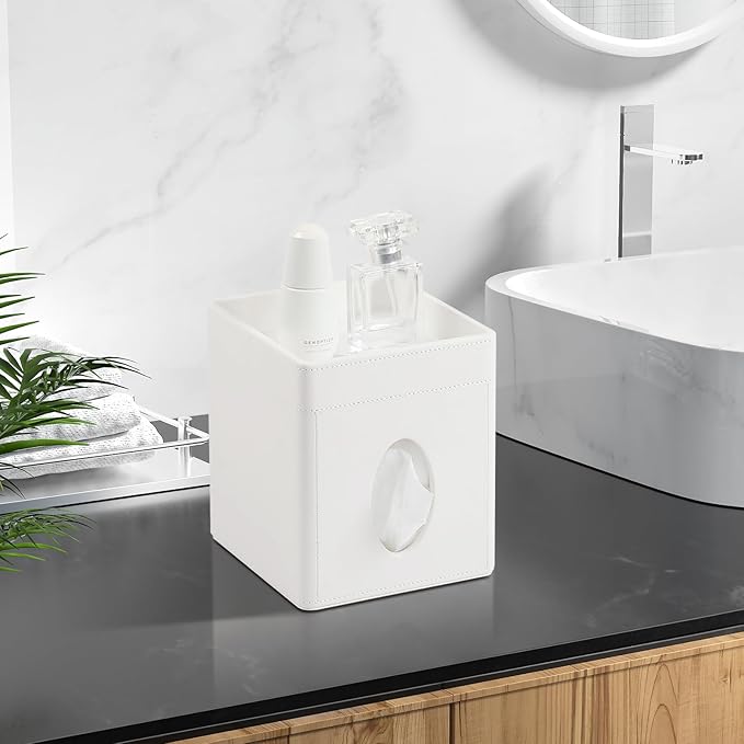 Cretkhp Tissue Box Cover, PU Leather Square Tissue Box Holder with Storage Tray for Bathroom Vanity Countertop Night Stands Bedroom Office Desk, Stylish Tissue Holder Decorative Organizer