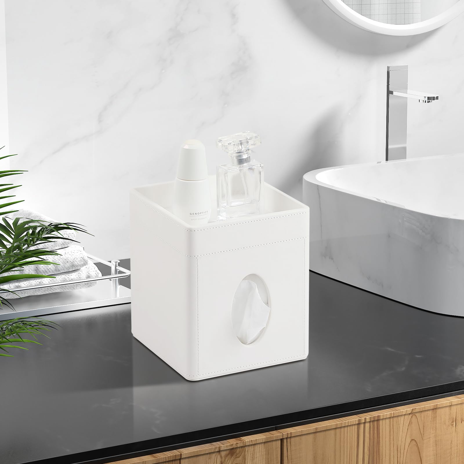 Cretkhp Tissue Box Cover, PU Leather Square Tissue Box Holder with Storage Tray for Bathroom Vanity Countertop Night Stands Bedroom Office Desk, Stylish Tissue Holder Decorative Organizer