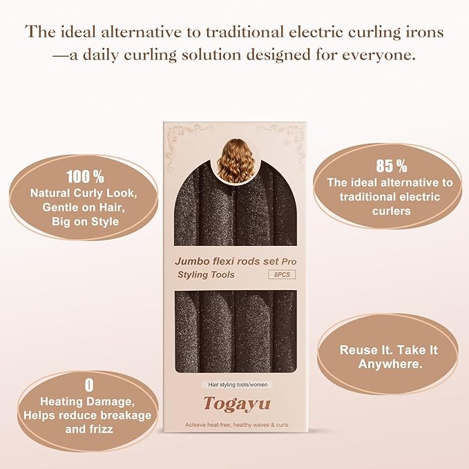Togayu Heatless Curls Overnight Set - 8PCS Jumbo Velvet Hair Rollers to Sleep In, No-Damage Flexi Rods for Beautiful, Effortless Curls and Waves for Women