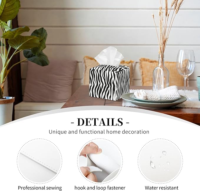 Zebra Stripes Tissue Box Cover Square,Black and White Stripe Tissue Box Holder Waterproof Leather Facial Paper Organizer Dispenser for Bathroom Home Car Nightstand Vanity Desk