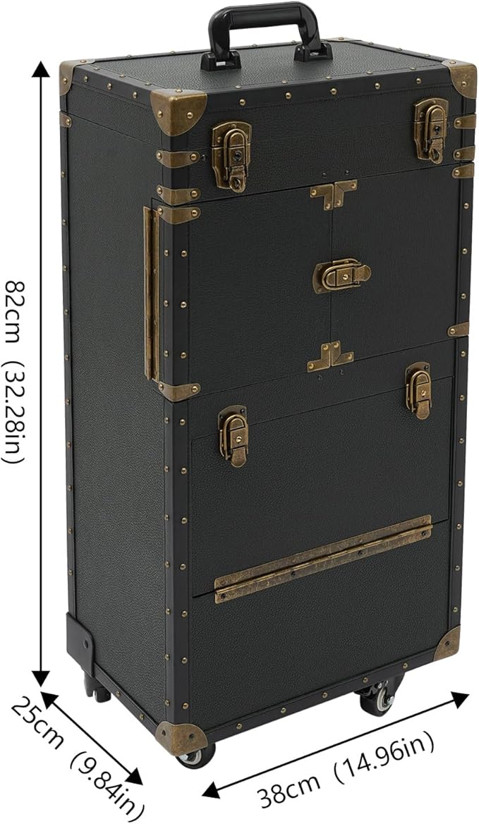 QUEWATSA Rolling Makeup Case Large Storage Cosmetic Trolley, Rolling Lockable Makeup Train Case, Stylist Beauty Salon Cosmetic Luggage Travel Organizer Tool Box with Hair Dryer Holder (Black)