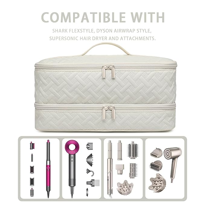 Double-Layer Travel Carrying Case for Revlon One-Step Hair Dryer Brush Volumizer Styler Shark FlexStyle Attachment Portable Storage Organizer Bag Hair Tools Travel Bag (Beige)