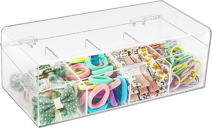 JessLab Hair Accessories Organizer for Girls, Acrylic Hair Bow Tie Clip Scrunchie Holder with Dividers, Clear Stackable Storage Box for Bathroom, Bedroom, Vanity Countertop (4 Compartment)