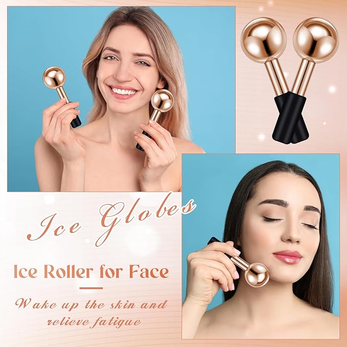 Baderke 2 Pcs Ice Globes for Face Stainless Steel Cooling Globes Unbreakable Cooling Roller Women Ice Balls Cryo Sticks Facials Skin Care for Dark Circles, Puffiness(Rose Gold (Black Handle))