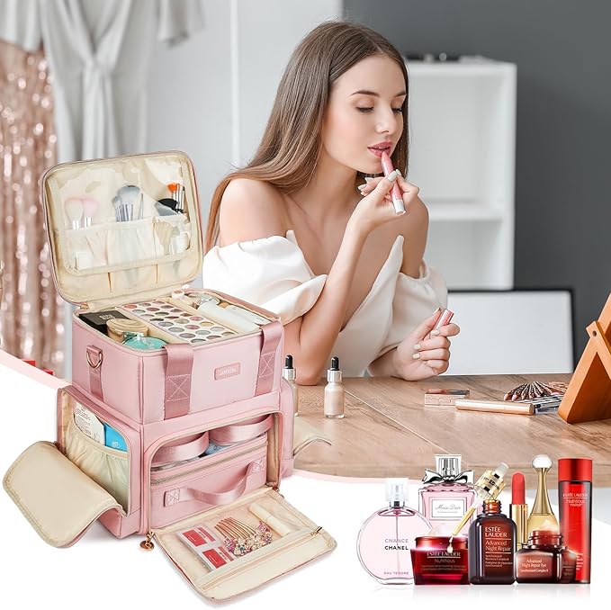 Jaffzora Extra Large Makeup Bag,4 in 1 Cosmetic Storage Organizer Travel Case with 3 Detachable Pouches and Dividers,Pink