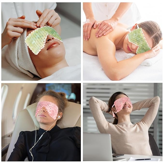 LazyGa Natural Jade Eye Mask and Rose Quartz Eye Mask Set - Soothing & Relaxing Alleviate Puffiness and Migraines with Cooling and Warming Therapy (2 Pcs)