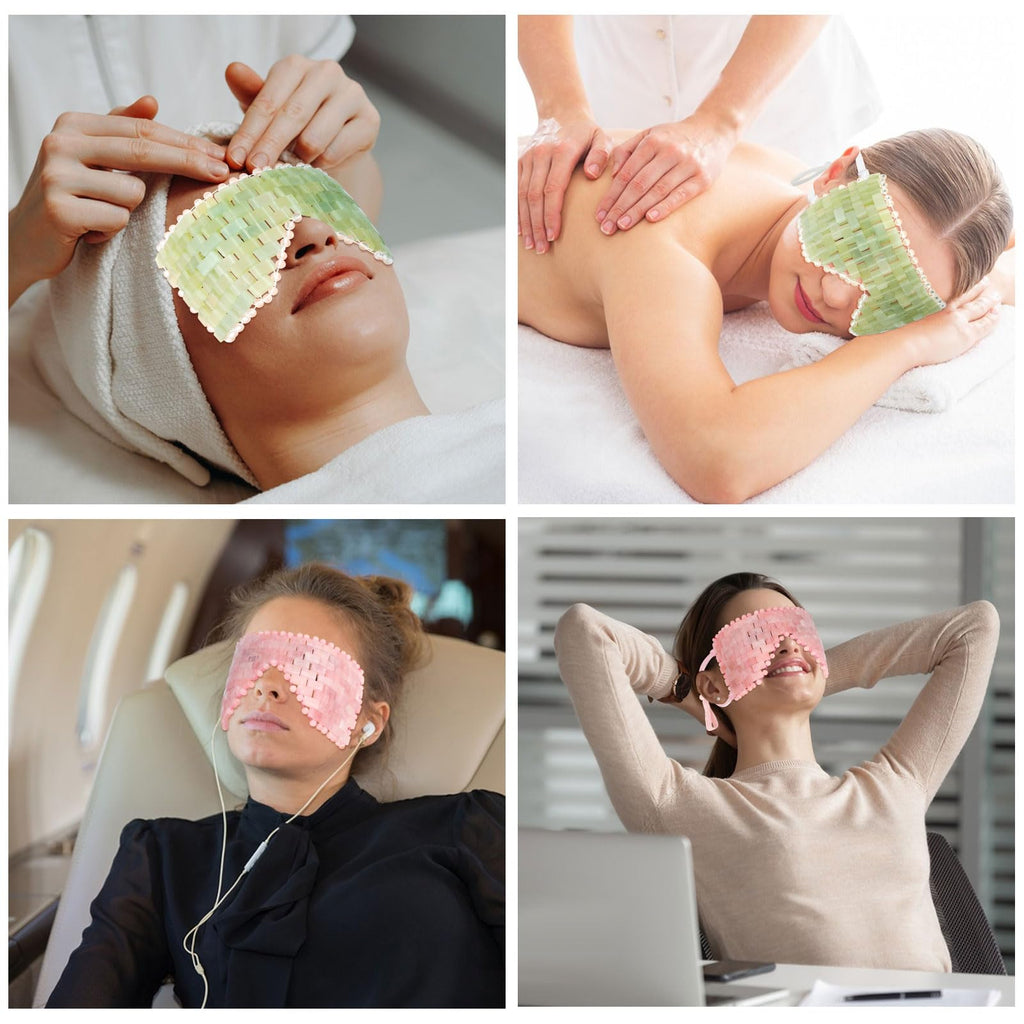 LazyGa Natural Jade Eye Mask and Rose Quartz Eye Mask Set - Soothing & Relaxing Alleviate Puffiness and Migraines with Cooling and Warming Therapy (2 Pcs)