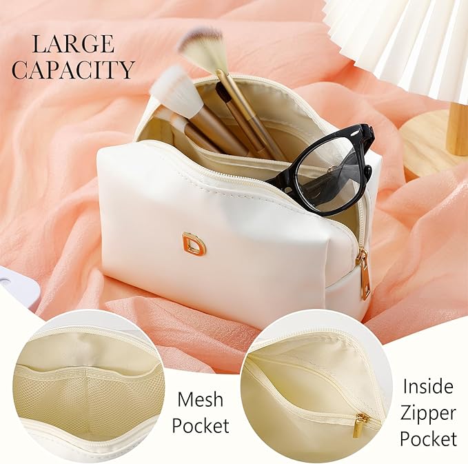 Kigeli Gifts for Women Teen Girls Gifts for Bridesmaid Mom Teachers Graduation Birthday Wedding Personalized Initial Makeup Bag Beige PU Leather Monogram Cosmetic Waterproof Travel Toiletry Bag