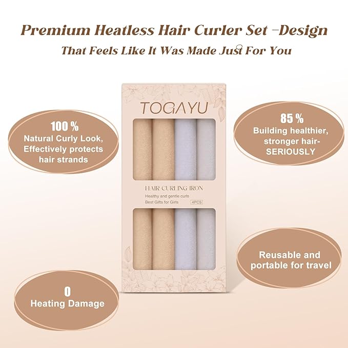 Togayu Heatless Curls Overnight Set - 4PCS Jumbo Velvet Hair Rollers to Sleep In, Soft Flexi Rods for No Damage Curls and Waves - For Long Natural & Textured