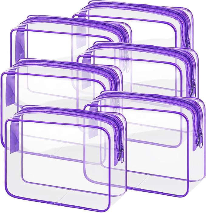 CHICAUP 6 Pieces Clear Makeup Bags Bulk TSA Approved Toiletry Bag for Travel PVC Waterproof Clear Cosmetic Pouch with Zipper for Men and Women Carry-on Travel Essentials (Purple)