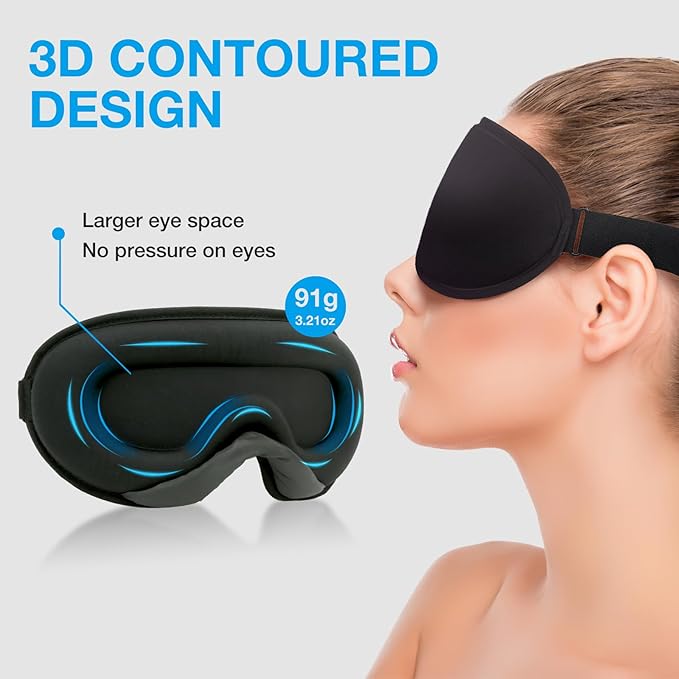 LYSIAN 3D Sleep Mask for Side Sleepers, Blackout Eye Mask with No Pressure on Eyes, Adjustable Comfortable Blindfold with 5 Pairs of Ear Plugs for Sleeping, Travel, Nap, Black