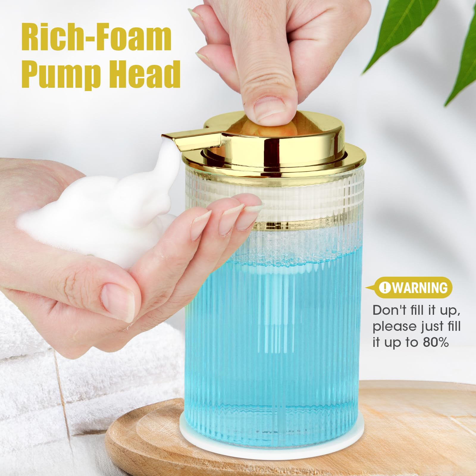 NiHome 14oz Multifunctional Glass Foaming Hand Soap Dispenser with Elegant Stripe Pattern, High-Capacity Easy to Refill for Home & Commercial Use, Advanced Foam Pump & Non-Slip Base (Gold)