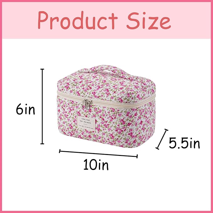 uekeboag Large Travel Quilted Makeup Bag for Women, Floral Cotton Cosmetic Bag, Coquette Aesthetic Floral Toiletry Organizer Bag(Rosered Flower