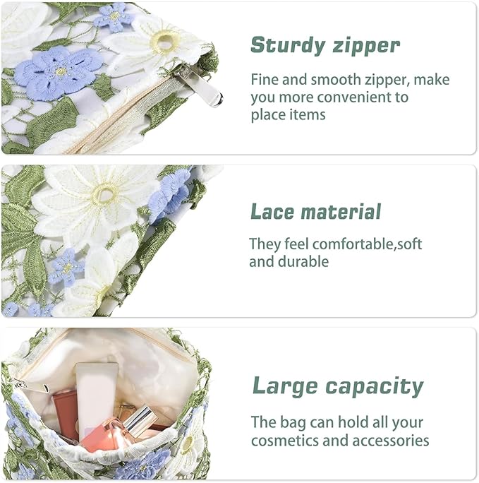 URSKYTOUS Flower Makeup Bags Travel Large Floral Cosmetic Bag for Women Cute Makeup Pouch Zippered Portable Toiletry Bag Lace Trendy Aesthetic Make up Organizer Bag Cosmetic Pouch for Purse