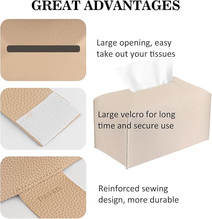 PARIERIS Tissue Box Cover PU Leather Tissue Holder Rectangle Facial Tissue Case Tissue Box Organizer Dispenser for Bathroom, Kitchen, Home, Office, Tabletop (SoftBeige, Short)