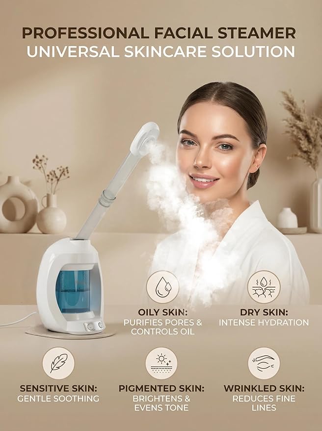 Facial Steamer-Face Steamer for Facial Deep Cleaning, Vaporizador Facial for Esthetician and Nano Ionic Hot Steam for Face, Professional Facial Steamer with a Headband and Acne Needle Set.(Blue)