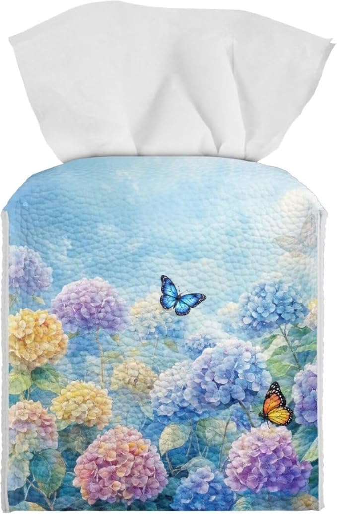Butterflies Tissue Box Holder Stylish Waterproof PU Leather Square Tissue Box Cover with Metal Button Napkin Holder for Home Office Car Automotive Decor
