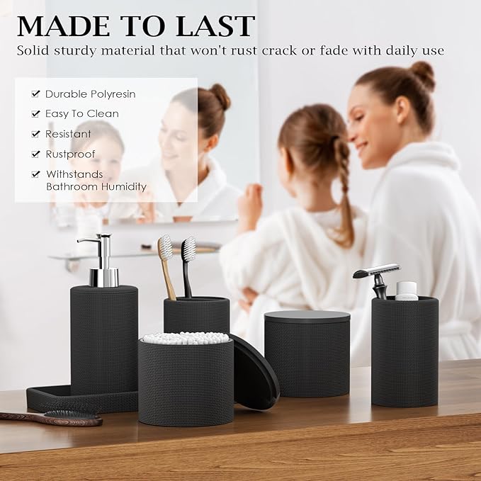 InnJoey 6-Piece Black Bathroom Set - Mesh Textured Resin Bathroom Accessories Set with Soap Dispenser, Toothbrush Holder, Cup, Vanity Tray & Apothecary Jars for Small Spaces