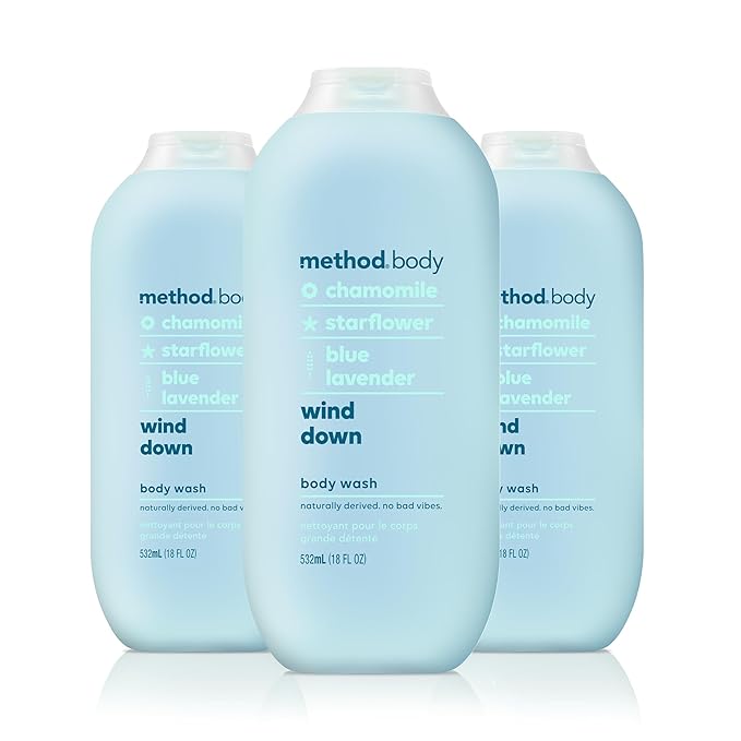 method Body Wash, Wind Down - Leaves Skin Feeling Soft & Moisturized, Made Without Parabens, Notes of Chamomile, Starflower & Blue Lavender, 18 fl oz - 3 pack