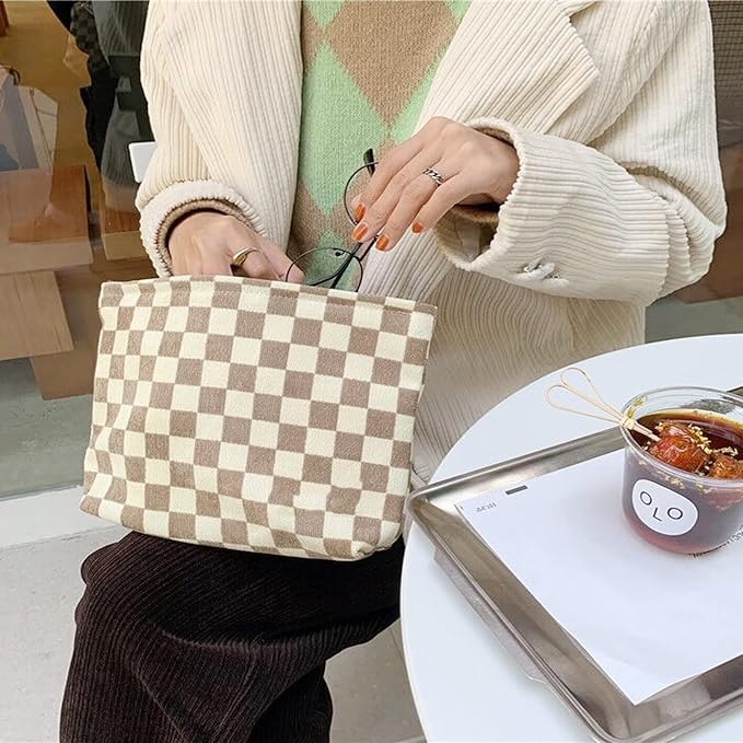 SxoSyo Checkered Cosmetic Bags, Canvas Makeup Bag Purse, Beige