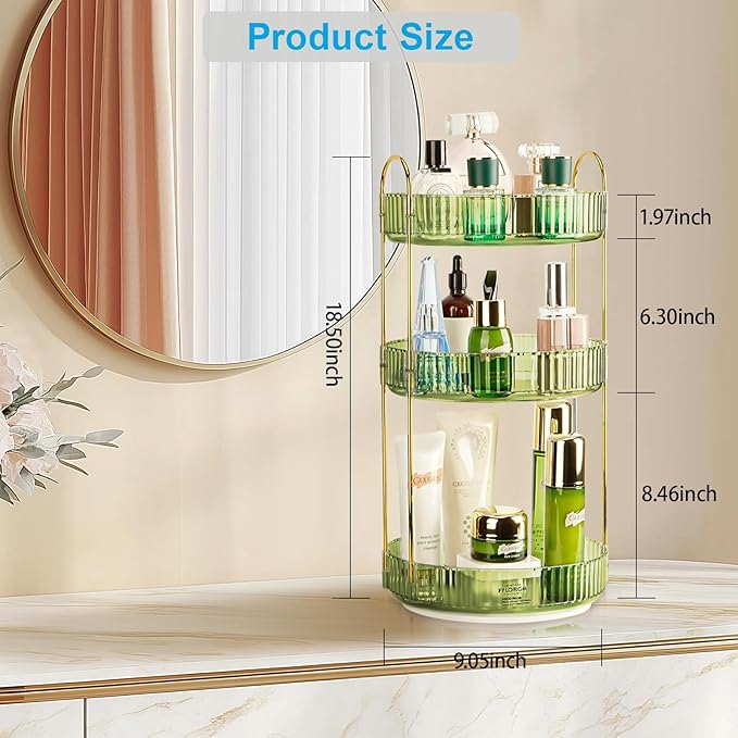Niluks 360 Rotating Makeup Organizer - Large Capacity Spinning Perfume & Cosmetic Skincare Holder for Vanity & Countertop (Gem Green, 3 Tier)