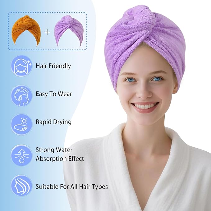 Microfiber Hair Drying Towel Wrap for Women, Hair Turbans Towel for Wet Hair,turbie Twist Hair Towels(The Color of the Picture is for Reference only) (Apricot Yellow,Purple)