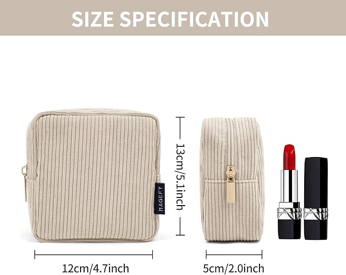 MAGEFY Small Makeup Bag for Purse Mini Cosmetics Bag Corduroy Cute Cosmetic Pouch for Women with Slip-in Pockets (Beige)