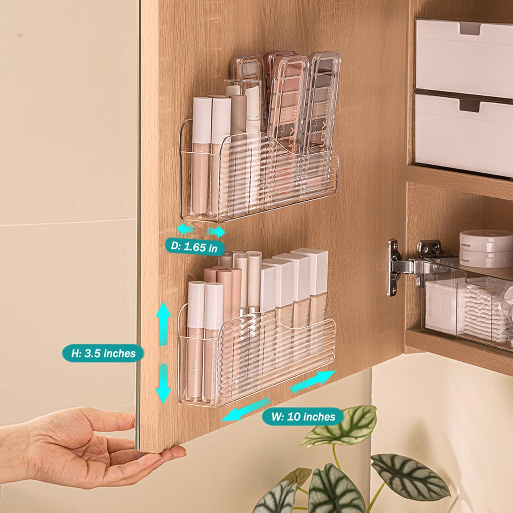 MORNITE Bathroom Medicine Cabinet Organizer Set, Narrow Compact Makeup Shelves Holder for Lipstick, Cosmetic, 2 Pcs Trays for Cabinet Door Wall, Vanity - Clear