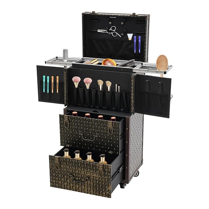 Beauty Salon Luggage,Rolling Lockable Makeup Train Case Hairdressing Trolley Stylist Beauty Salon Cosmetic Luggage Travel Organizer Tool Box with Hair Dryer Holder (Bronze)