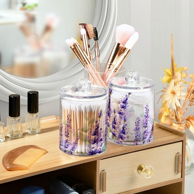 2 Pack Qtip Holder Dispenser for Cotton Ball Purple Lavender Cotton Swab Round Pads Clear Plastic Acrylic Jar Set Bathroom Canister