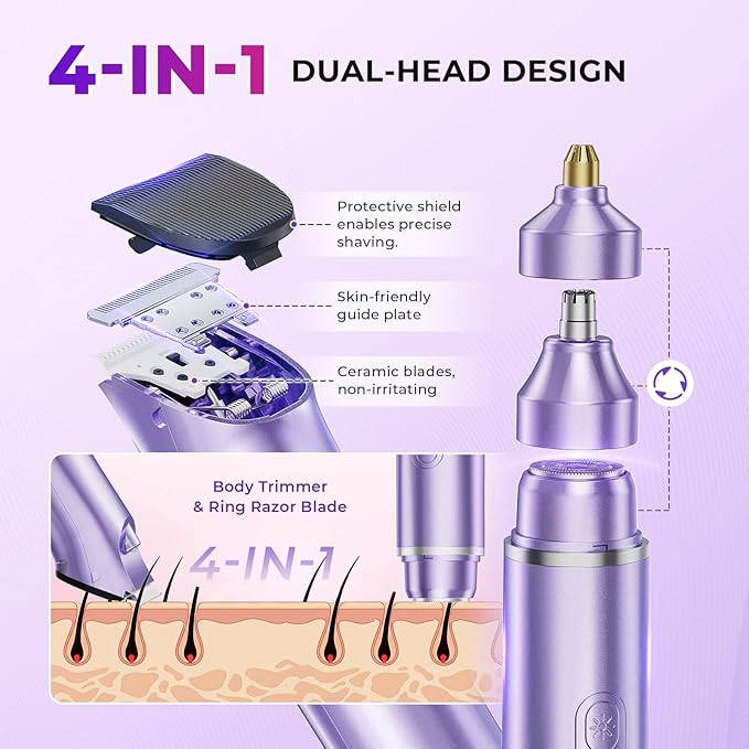 Bikini Trimmer for Women, 4 in 1 Electric Razors for Women - Dual Head, Wet & Dry Use Pubic Body Hair Trimmer Electric Shavers, Rechargeable Womens Facial Razors for Legs, Nose, Armpits, Bikini Area