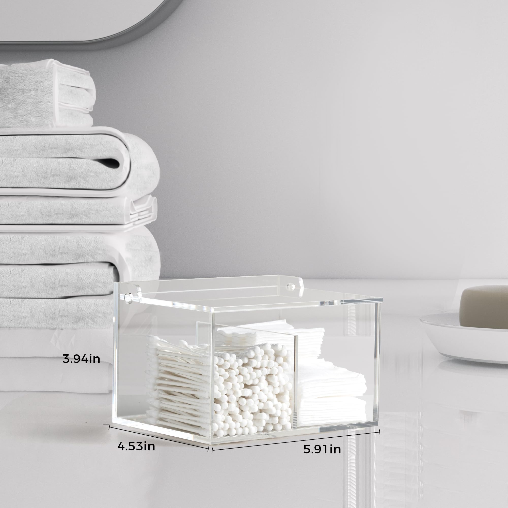 Dealpoli Clear Acrylic Cotton Swab Ball Holder Qtip Organizer with Lid 2-Grid Canister for Make Up Pads, Floss Picks, Vanity Storage,Bath Salts, Cosmetics, Home Bathroom Decor (DP004)